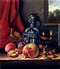 Still Life with Peaches, Whitecurrants, Hazelnuts, a Glass and a Stoneware Jug on a wooden Ledge with a Landscape beyond by Edward Ladell